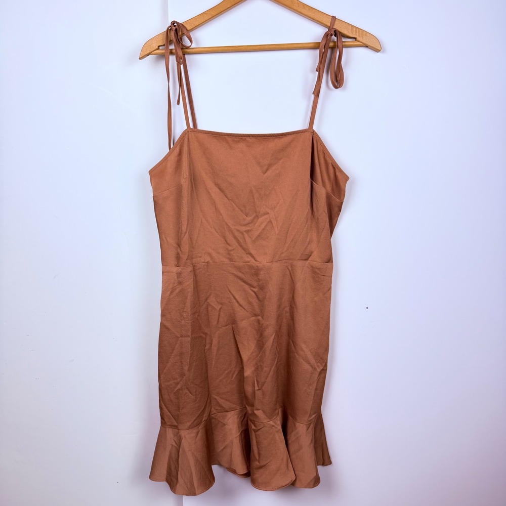 Express Copper Brown Tie Shoulder Ruffle Hem Smocked Mini Fall Dress Medium